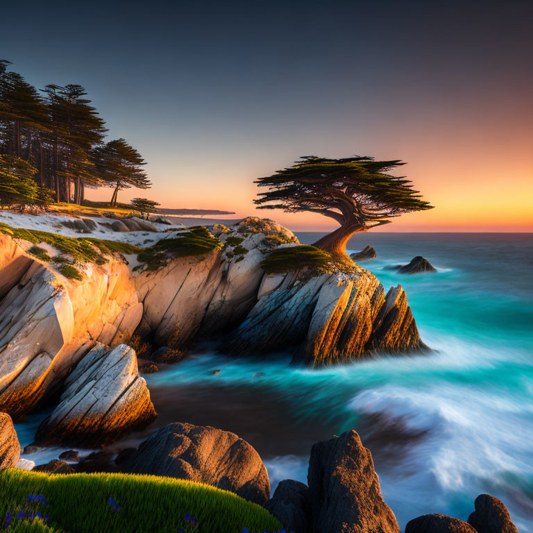 Scenic sunset over rugged coastline with windswept tree and crashing waves