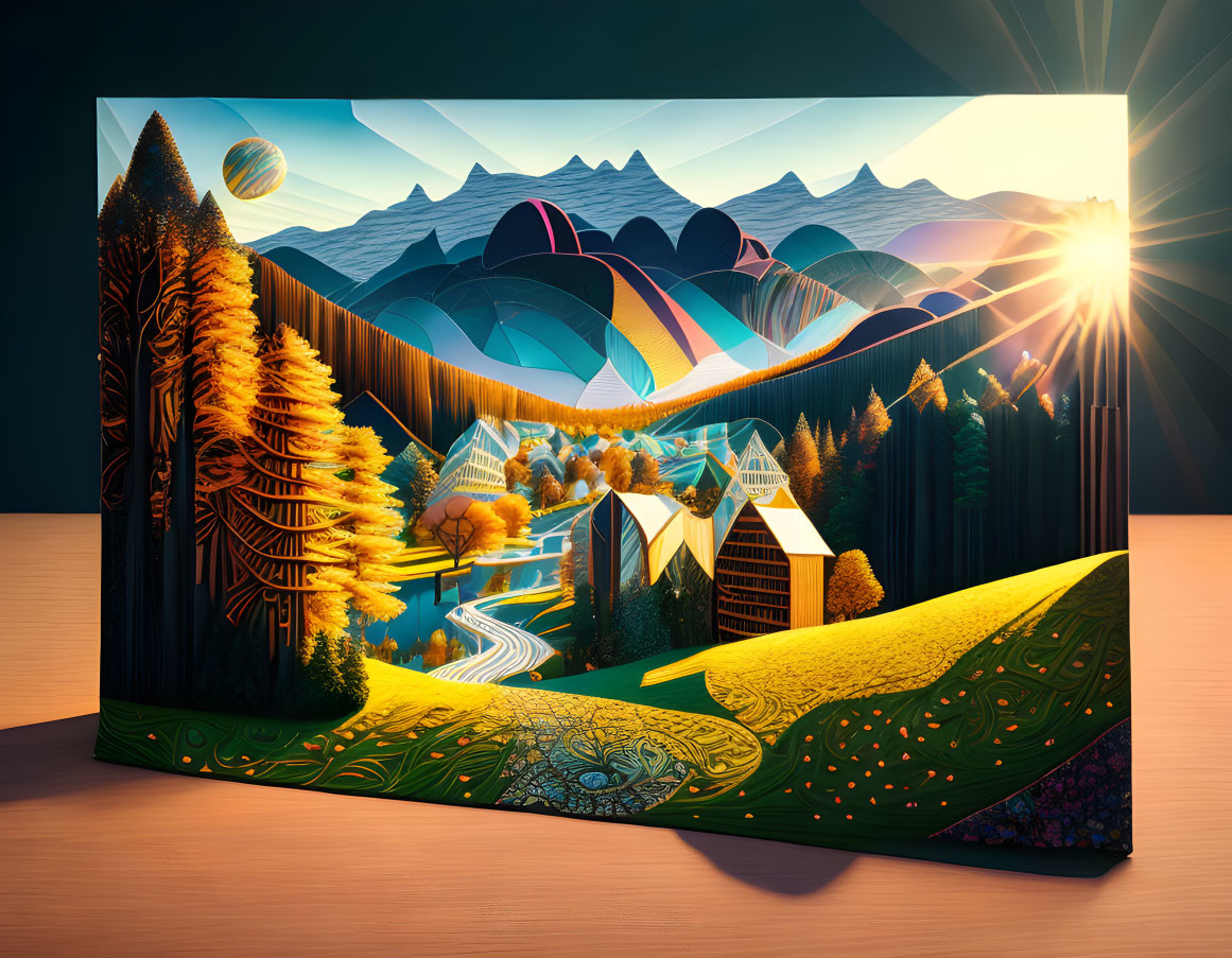 Colorful 3D Pop-Up Book: Stylized Rural Scene with Trees, Houses, and