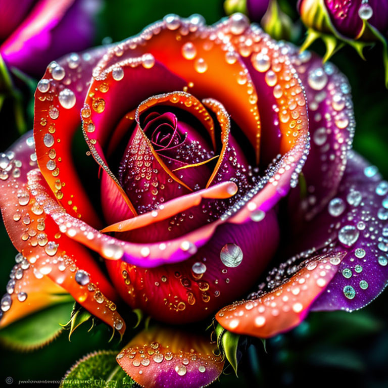 Vibrant Red-Orange Rose with Dewdrops on Petals