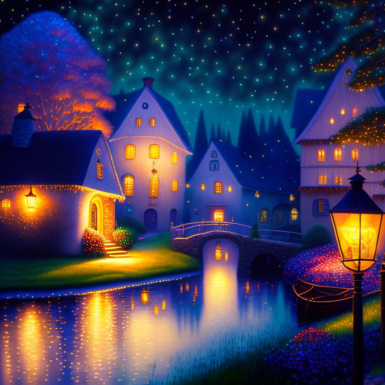 Whimsical night scene: cozy houses, starry sky, lit streetlamp, calm river,