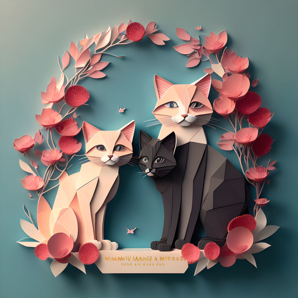 Stylized geometric cats with pink floral wreath on teal background