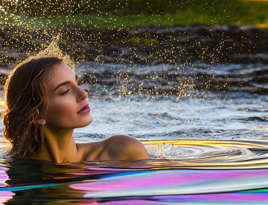 Person with Closed Eyes Submerged in Water with Sunlit Droplets