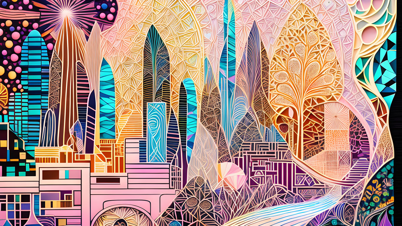 Colorful abstract cityscape with geometric patterns and stained glass-like designs