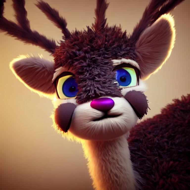 Stylized animated deer with expressive blue eyes and purple nose