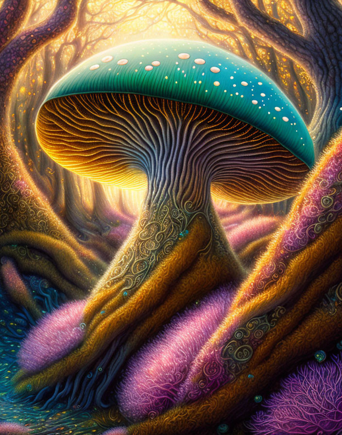 Colorful painting featuring teal-capped mushroom in fantastical setting