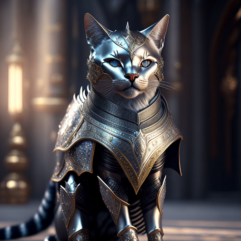 Anthropomorphic cat digital art in ornate armor with blue eyes and intricate headpiece, set in