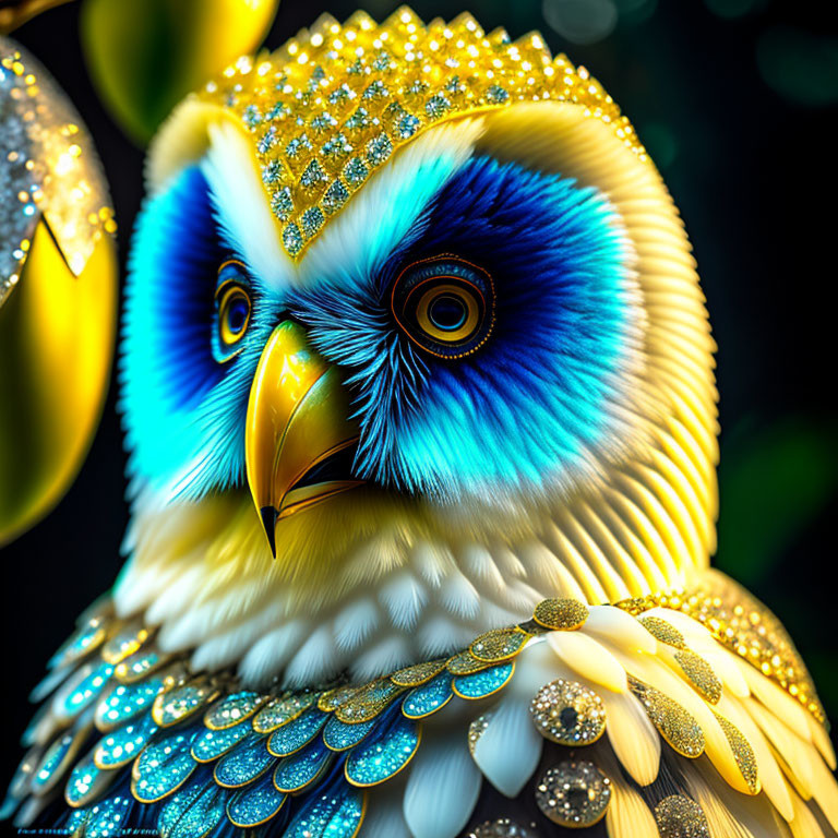 Colorful digital artwork: Owl with golden jewels on dark background