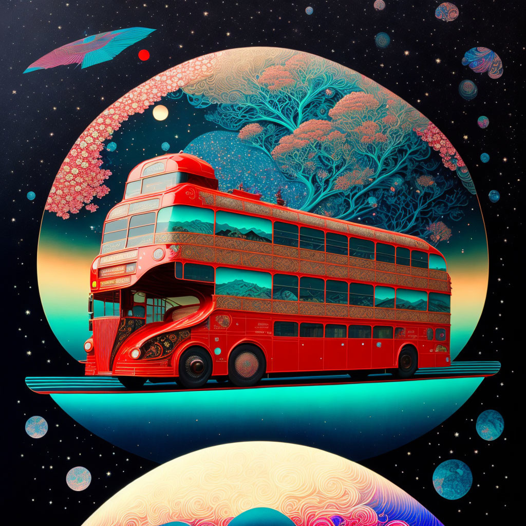 Surreal red double-decker bus in space with planets, tree, and whale