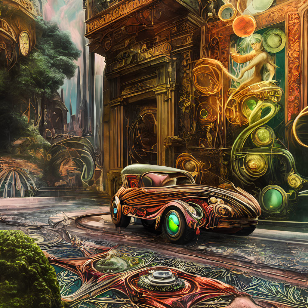 Vibrant surreal painting of classic car in fantastical scene