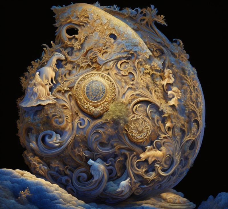 Golden Sphere with Mythical Creatures and Swirling Clouds on Dark Background