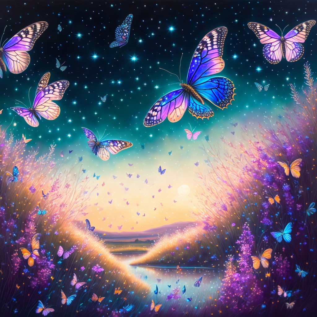 Fantasy scene: Butterflies, purple meadow, starry sky, moonlit lake