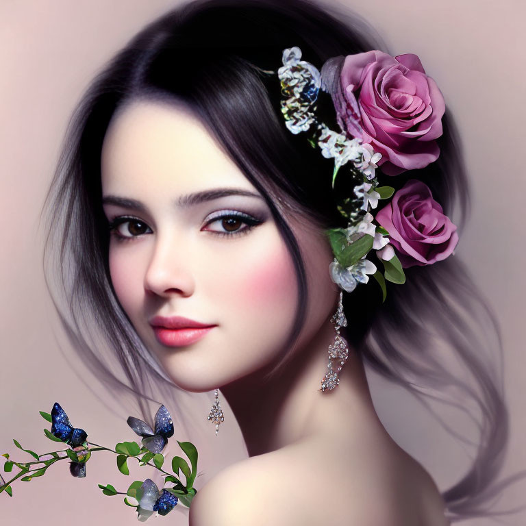 Digital portrait of woman with floral arrangement in hair, featuring pink roses and blue butterflies on soft pink backdrop