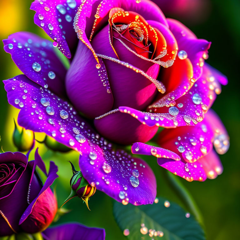 Vibrant purple and red rose with dewdrops on blurred green background