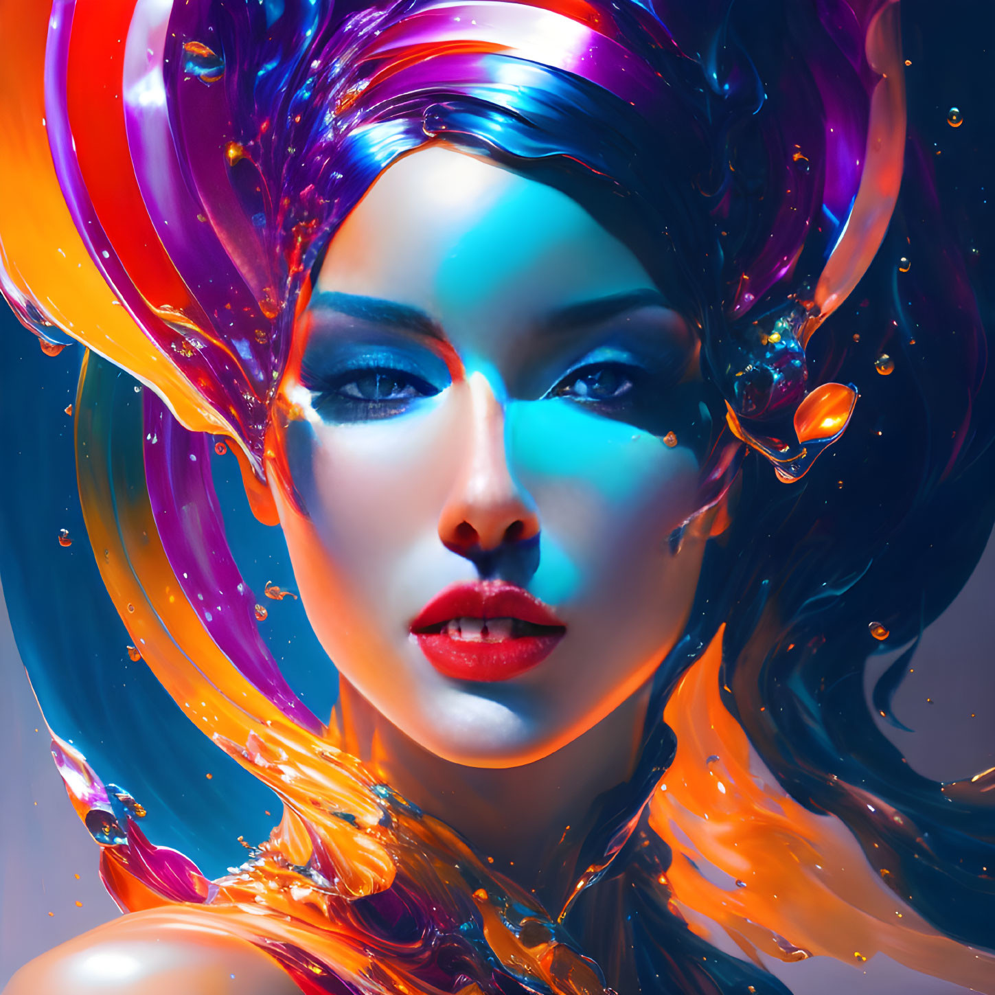 Colorful digital portrait of woman with liquid-like hair and makeup on blue background