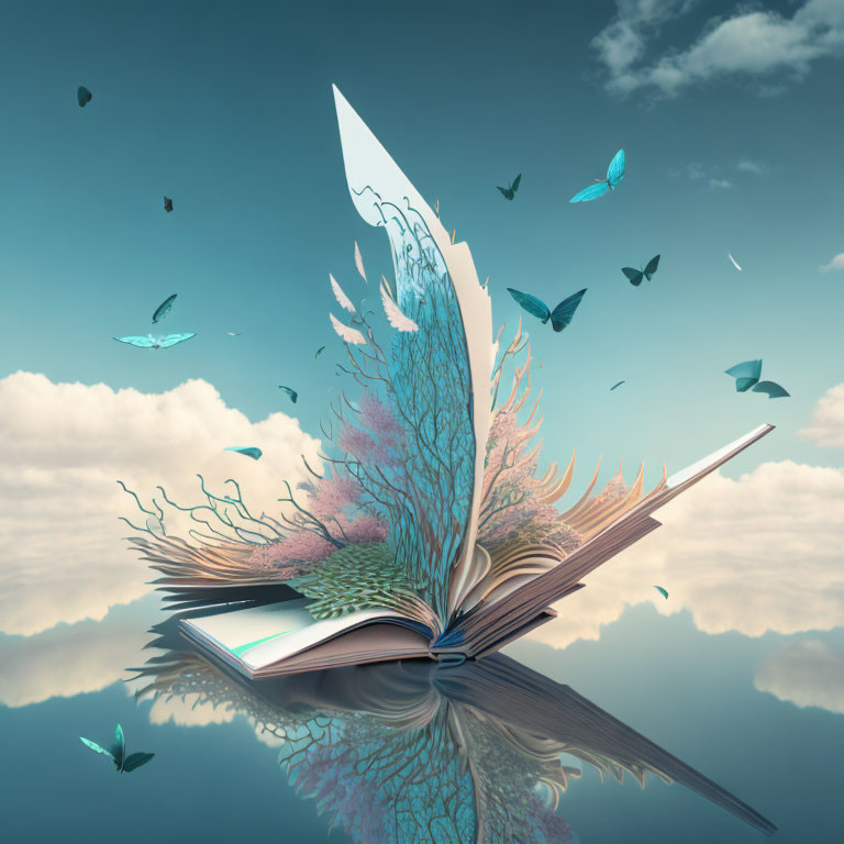 Open book with colorful tree pages, blue butterflies, and serene water reflection