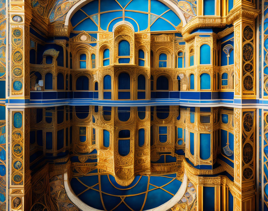 Intricate Golden Blue Interior with Reflective Symmetry