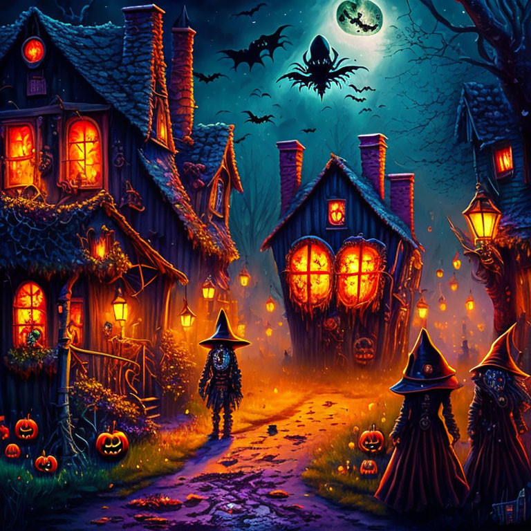 Illustration of witches, jack-o'-lanterns, haunted house, moon, and bat