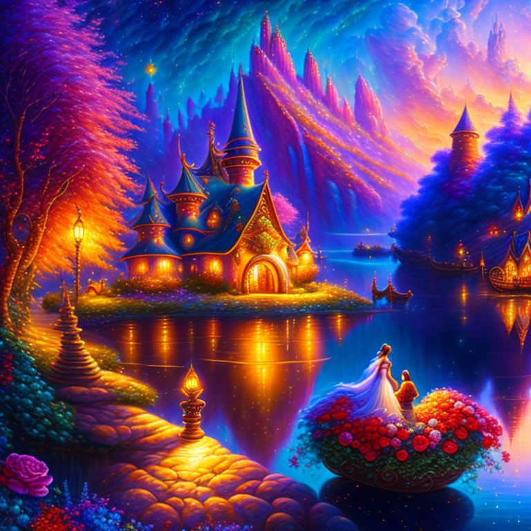 Fantasy landscape with castle, exotic flora, couple on boat under starry sky