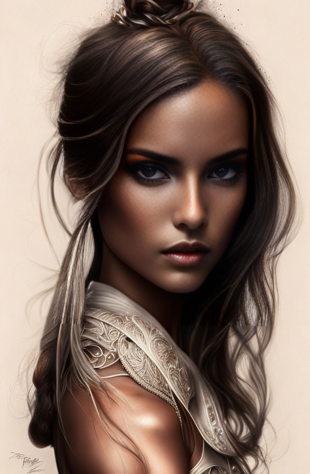 Digital portrait of woman with smoky eye makeup, flowing brunette hair, and ornate silver shoulder armor