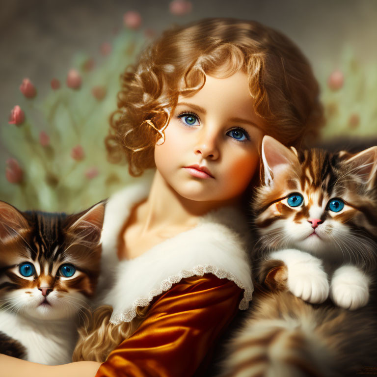 Child with Curly Hair Holding Blue-Eyed Kittens in Pink Flower Setting