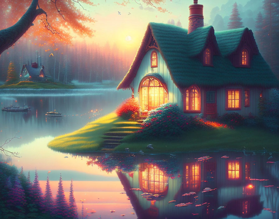 Tranquil lake sunset scene with cozy cottage, green roof, lush flora