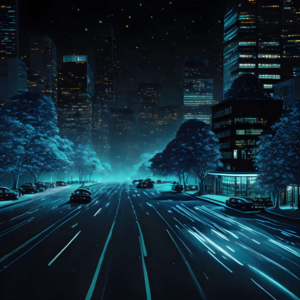 Nighttime futuristic cityscape with moving vehicles and illuminated buildings