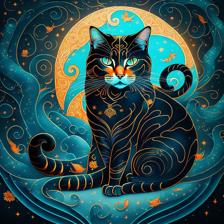 Celestial black cat with mystical patterns on swirling blue and golden backdrop