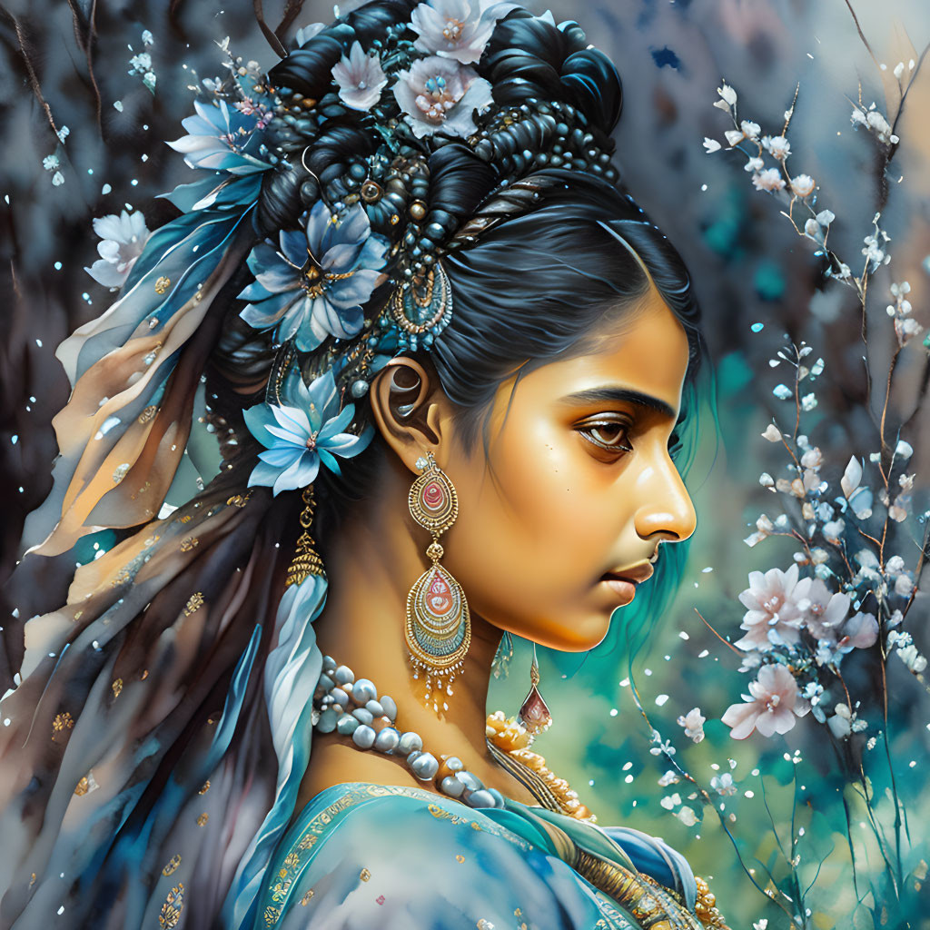 Digital artwork of woman with ornate jewelry and floral hairstyle in blooming branch backdrop