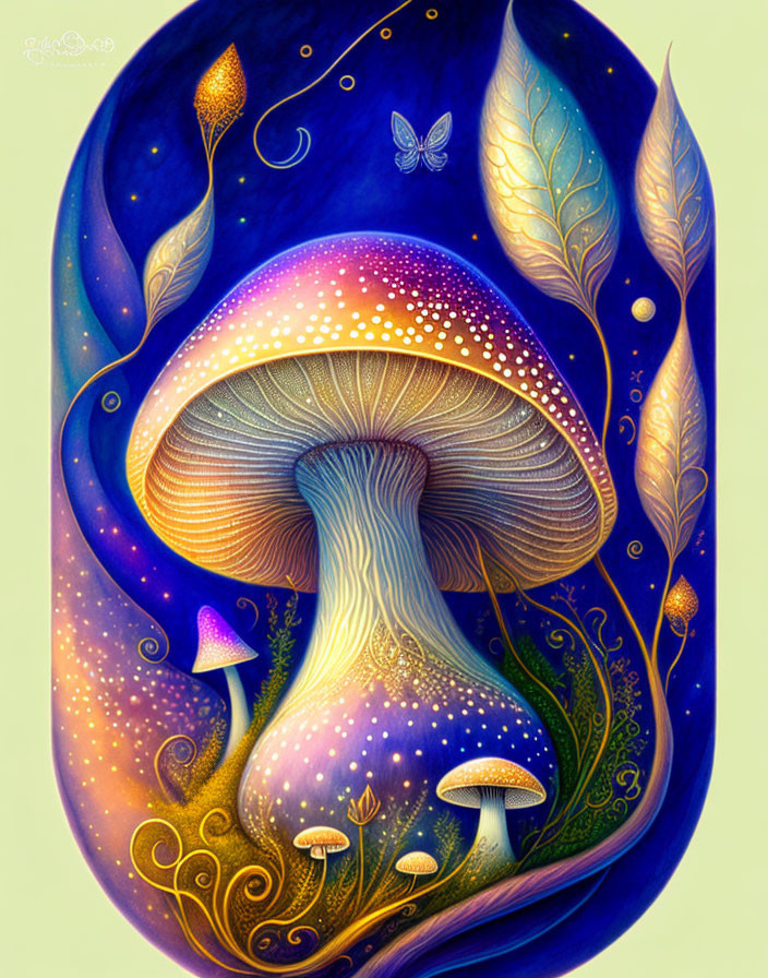 Colorful mystical mushroom with glowing leaves and butterfly in dreamy blue setting