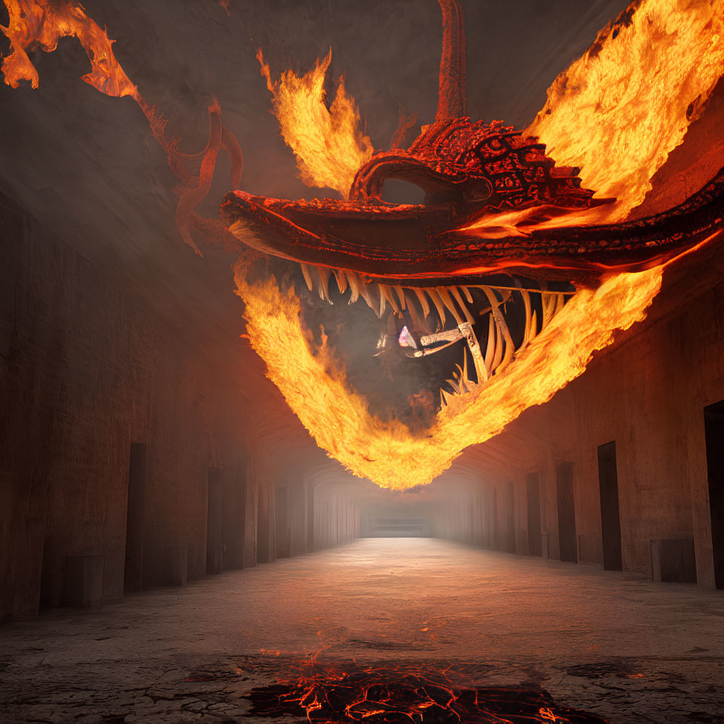 Fiery dragon breathing flames in dark corridor with towering columns