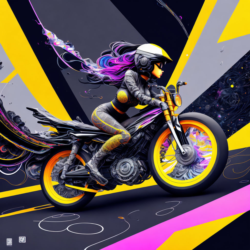 Vibrant digital artwork: Futuristic motorcyclist in neon colors