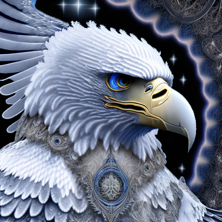 Majestic white eagle with blue eyes in cosmic setting