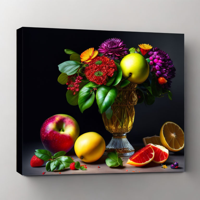 Colorful Flowers and Fruits Still Life on Dark Background