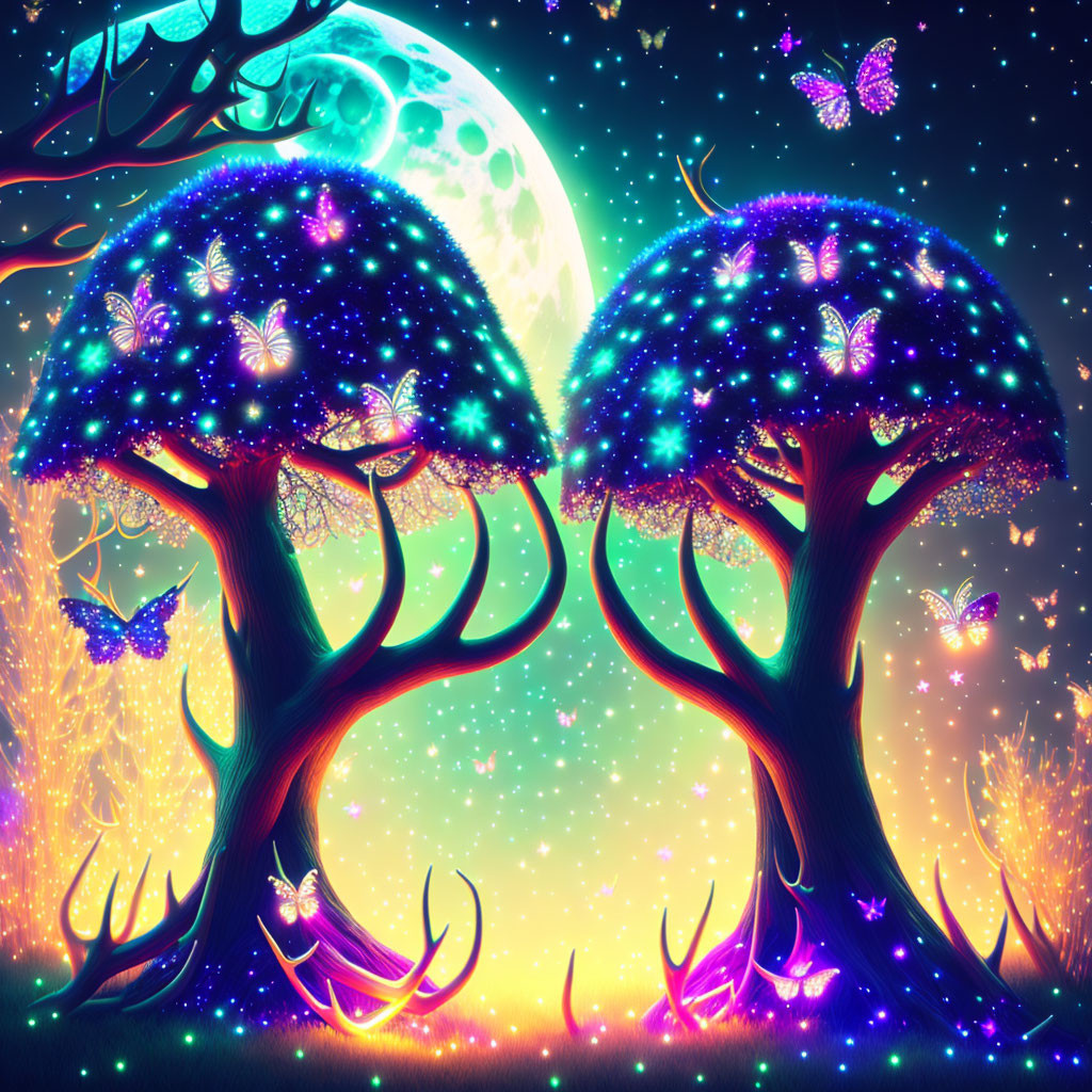 Vibrant fantasy landscape with glowing trees and moon