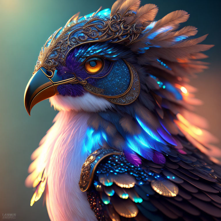 Colorful bird with jewel-embedded headdress and vibrant feathers