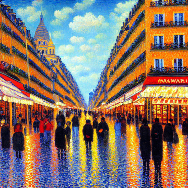 Colorful Impressionist Painting of City Street with Pedestrians