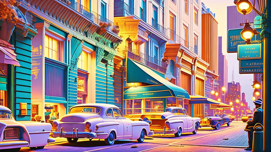 Vintage cars and pastel buildings in a sunset-lit cityscape