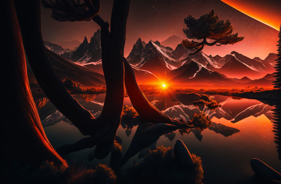 Tranquil sunset over still lake with radiant star and mountainous terrain