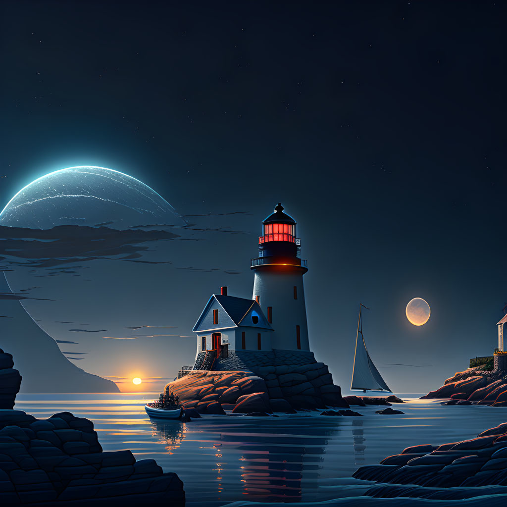 Tranquil night landscape with lighthouse, sailboat, and moon