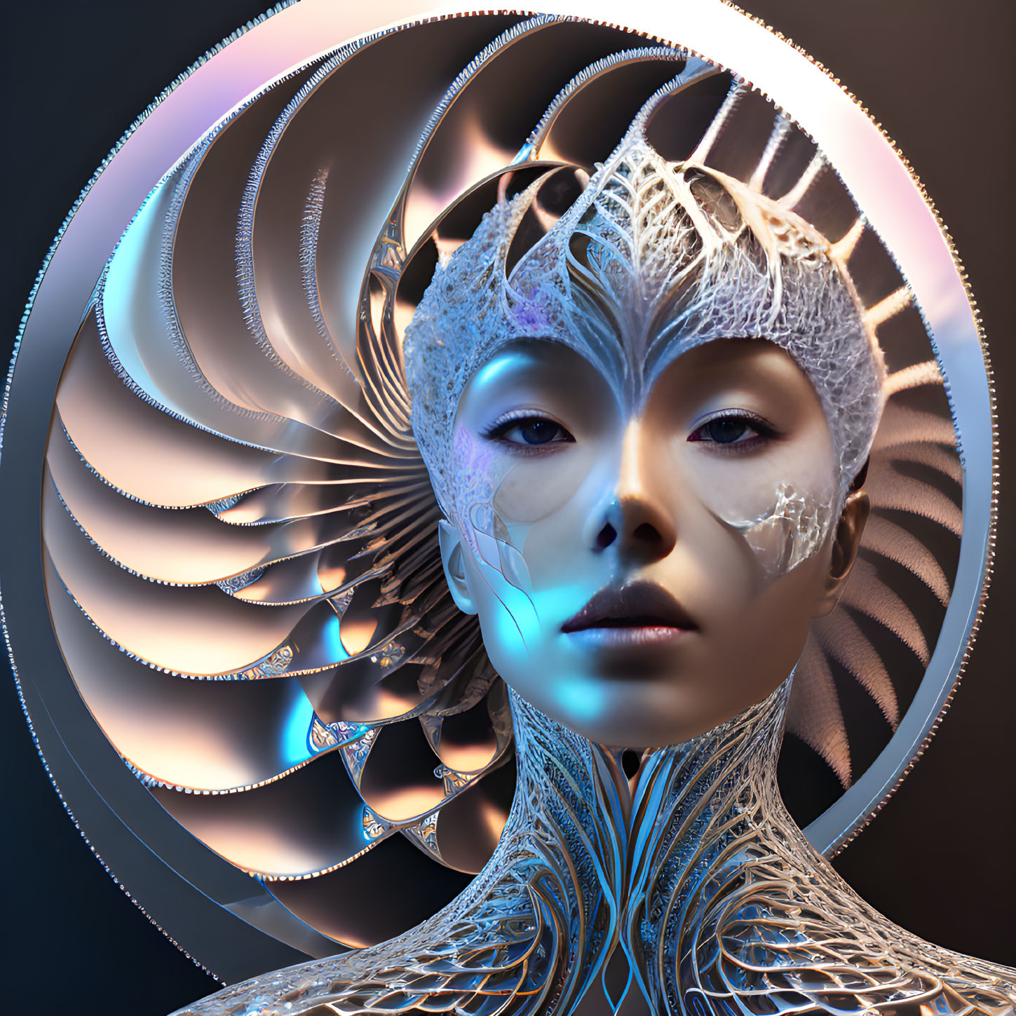 Digital art portrait of female figure with silver futuristic ornamentation against abstract backdrop