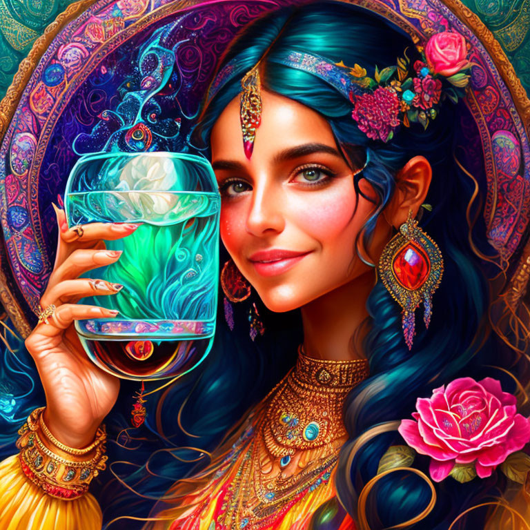 Colorful illustration: Woman with blue hair holding glowing orb on mandala background