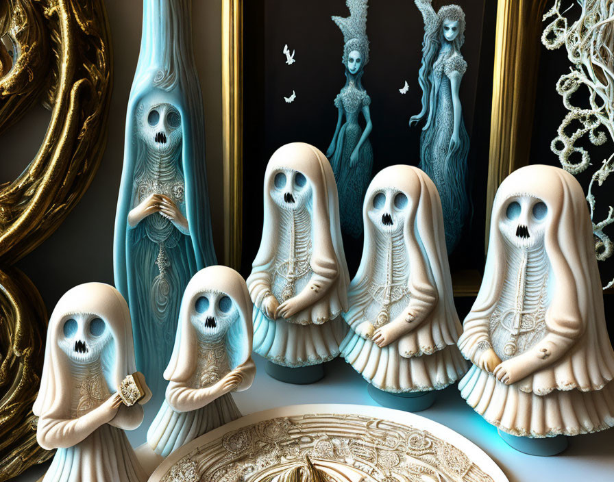 Skeletal figures in ghostly robes with ornate frames on dark backdrop