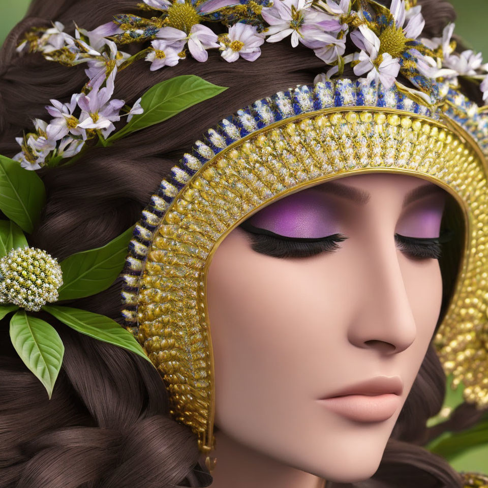 Woman with Closed Eyes in Floral Crown and Gem-Studded Headpiece surrounded by Green Leaves