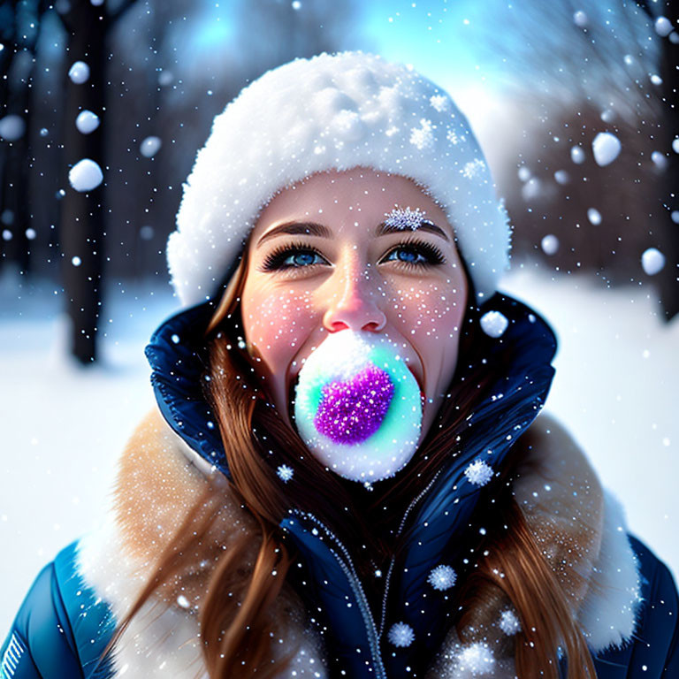 Person in Winter Attire Holding Snowball in Mouth Under Snowfall