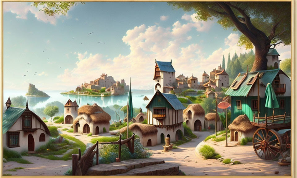 Tranquil fantasy village with thatched-roof cottages, lush trees, and distant castle by