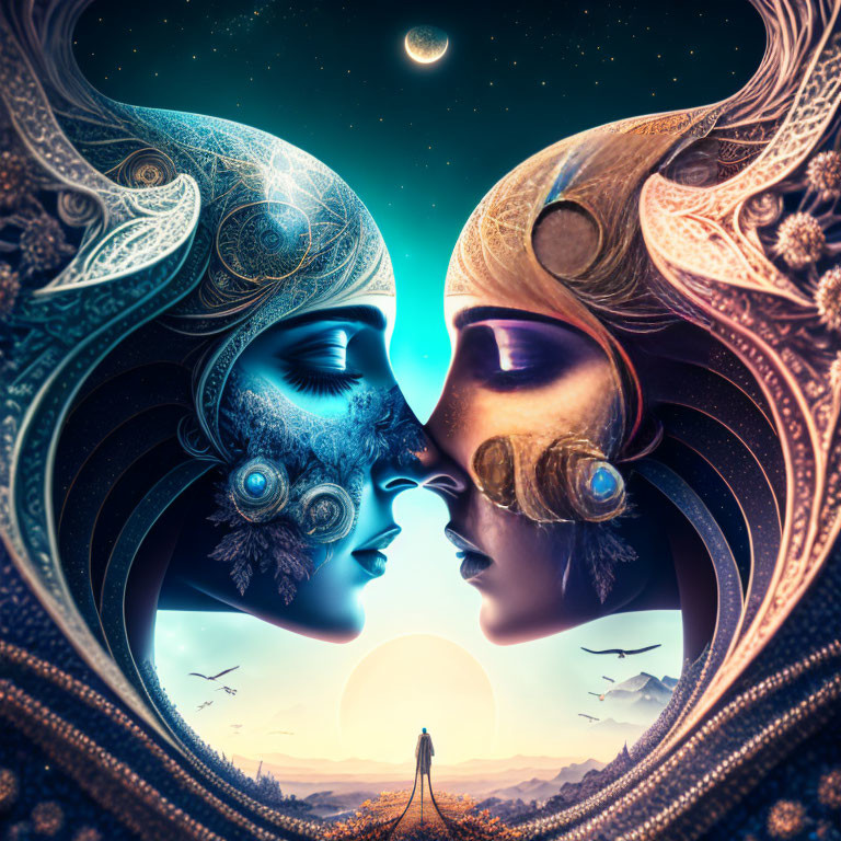 Surreal illustration: ornate metallic faces, scenic view, person, birds, sun, star