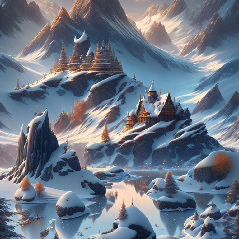 Majestic snowy mountains, castle, reflective water in fantasy winter landscape