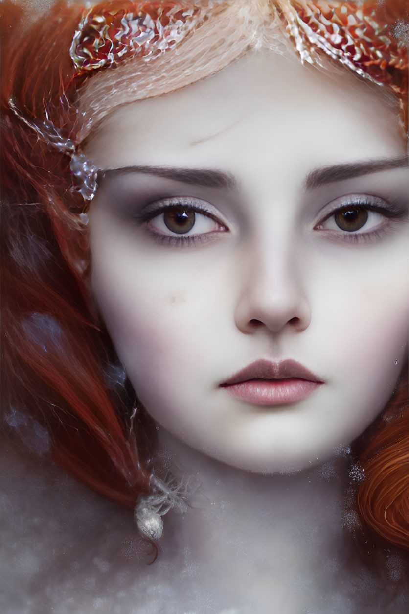 Detailed close-up portrait of young woman with red hair and intricate makeup, showcasing icy theme and frost accents