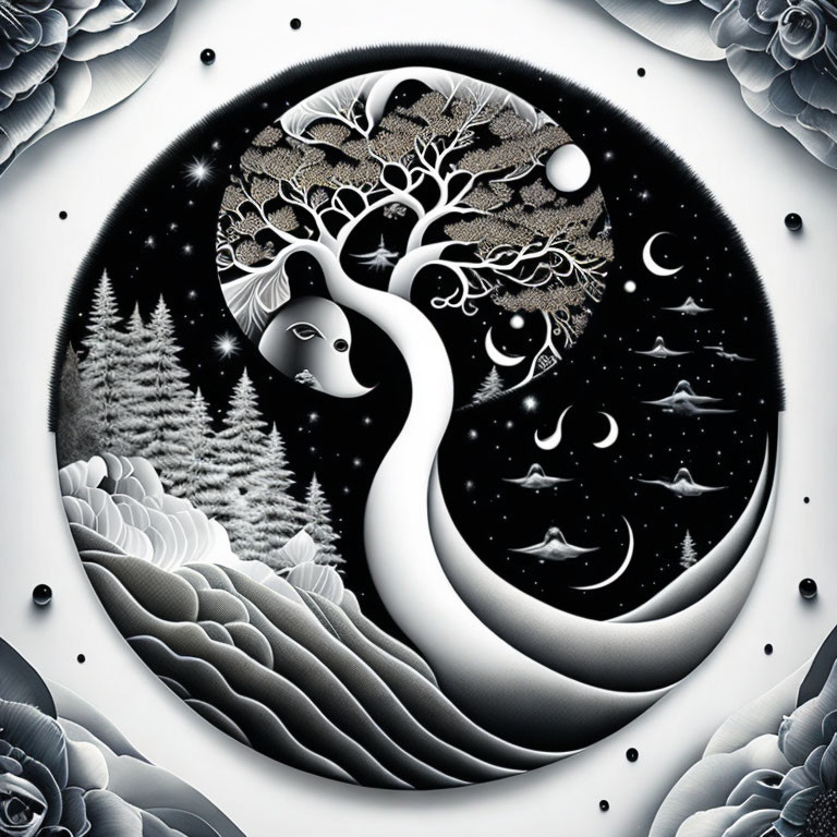 Detailed monochrome yin-yang symbol with natural elements in circular frame