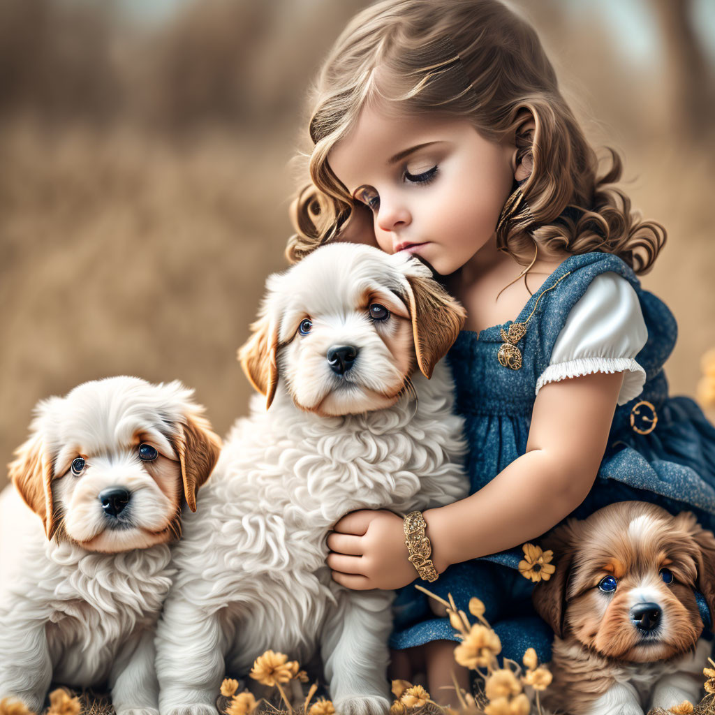 Young girl in blue dress with puppies and flowers